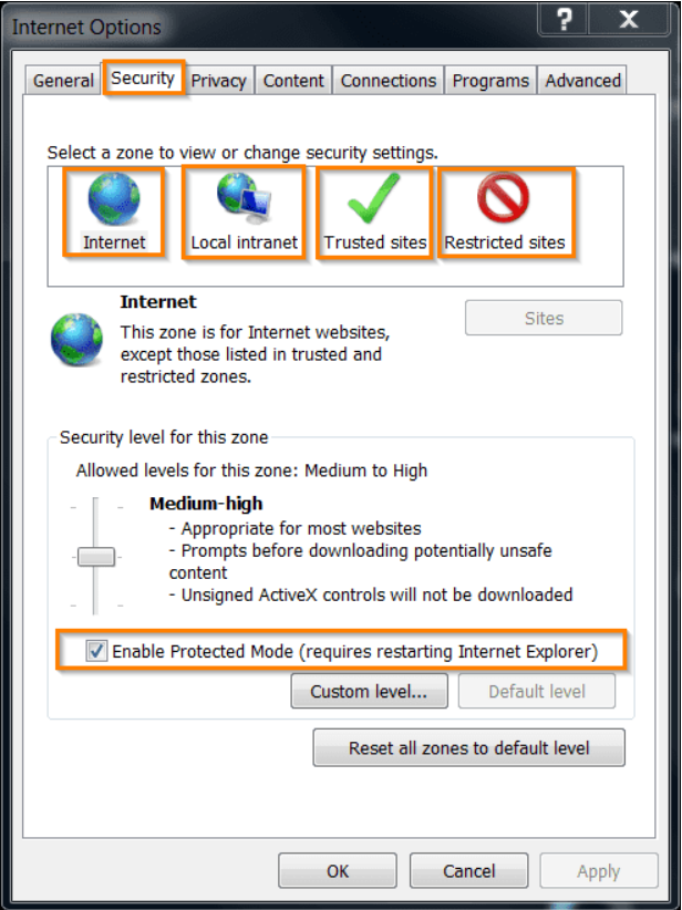 Internet Explorer security settings